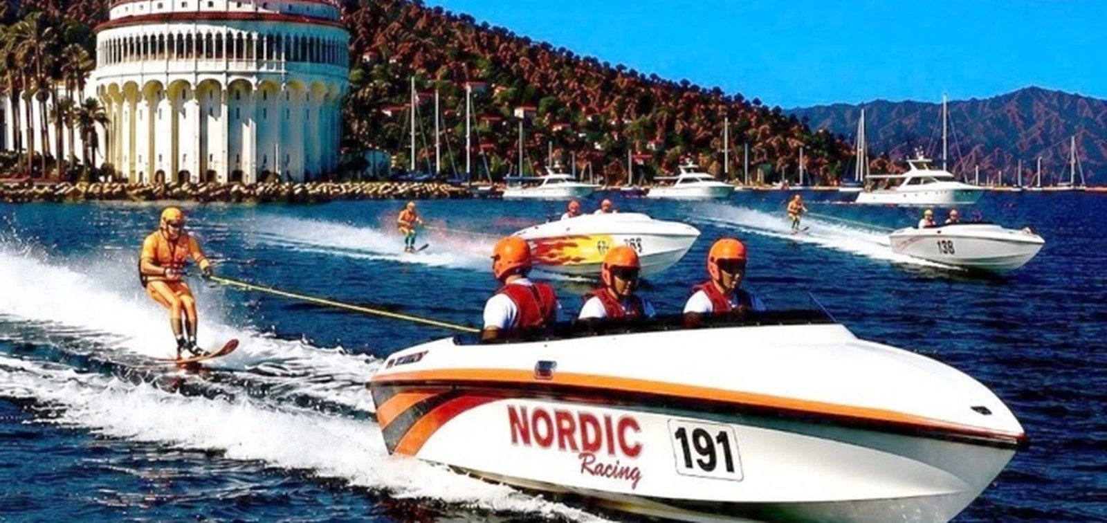 Catalina Ski Race boats and skiers running across open water
